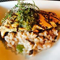 Lemon verbena chicken with grape risotto