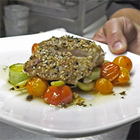 Dukkah crusted local halibut with vegetables