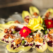 Endive leaves stuffed with roasted beets, caramelized walnuts and blue cheese