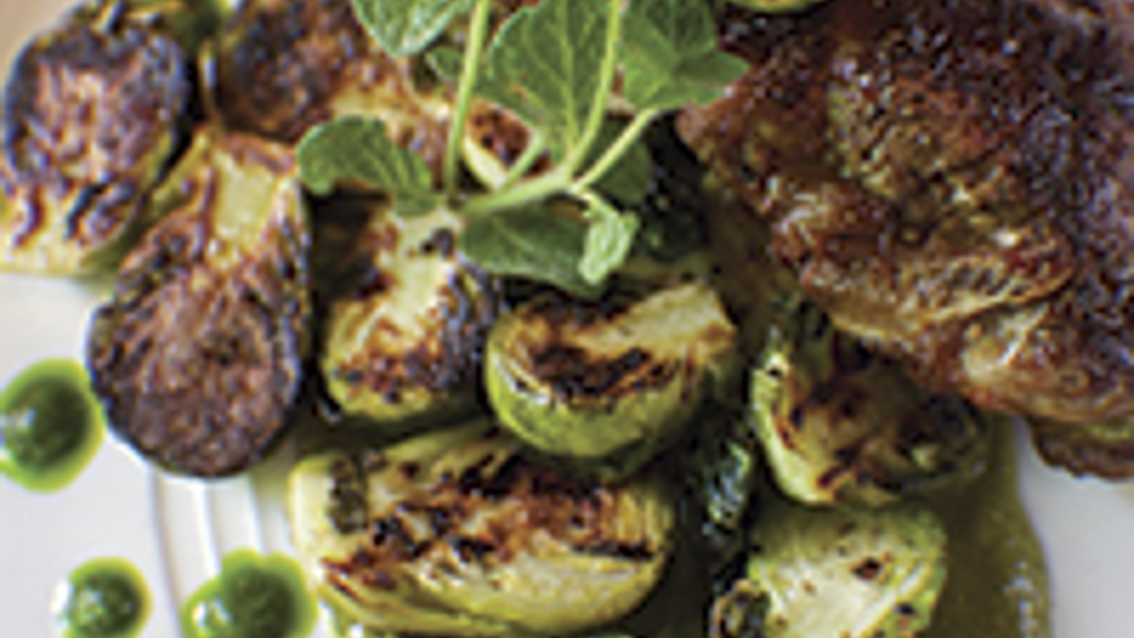 Grilled lamb sirloin chops with charred Brussels sprouts and mint chimichurri