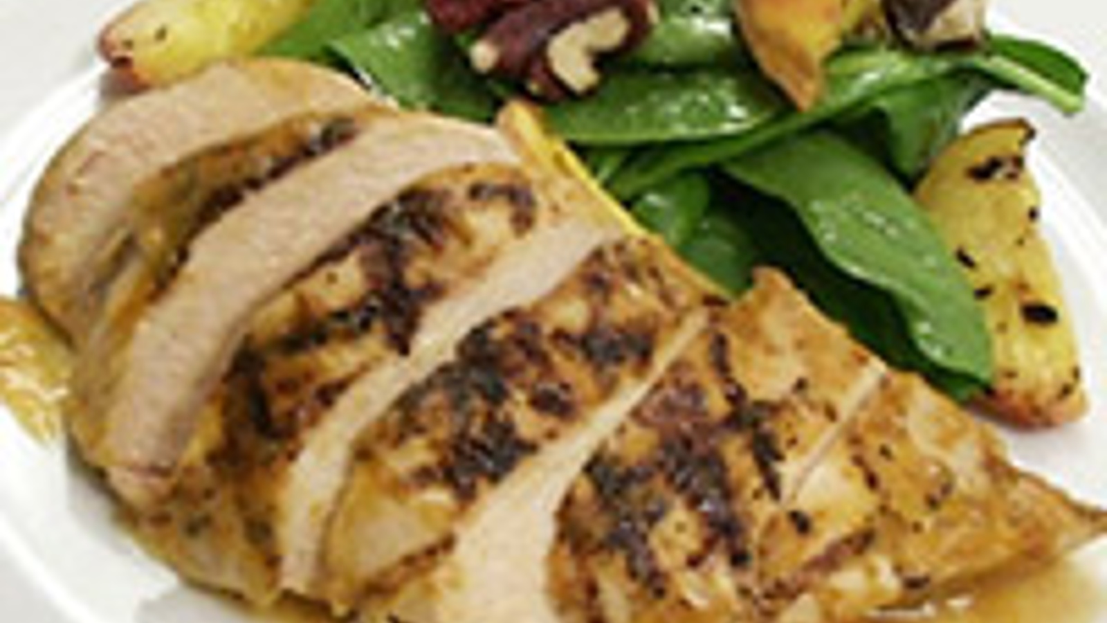 Peach barbecue chicken, spinach and red walnut salad