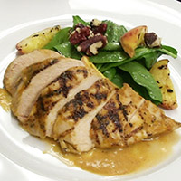 Peach barbecue chicken, spinach and red walnut salad