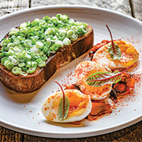 Scallion toast with fried kimchi and soft-boiled eggs