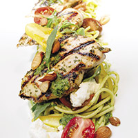 Pesto tossed spaghetti with lemon verbena grilled chicken