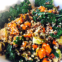 Brussels sprouts, sweet potato and quinoa bowl