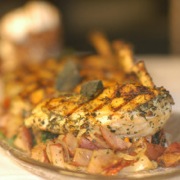 Lemon sage grilled chicken breast on roasted fingerling potatoes