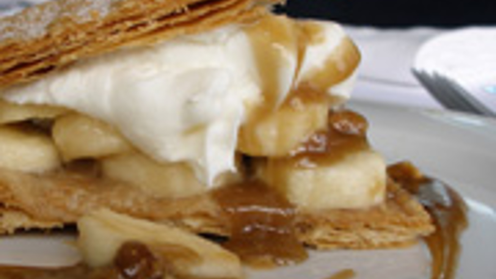 Banana Napoleon with warm caramel walnut sauce