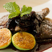 Chocolate crepes with port wine-infused Mission figs