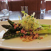 Grilled asparagus with pancetta vinaigrette and toasted pine nuts