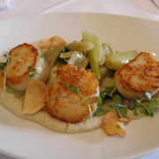 Seared scallops with Meyer lemons and sunchoke purée