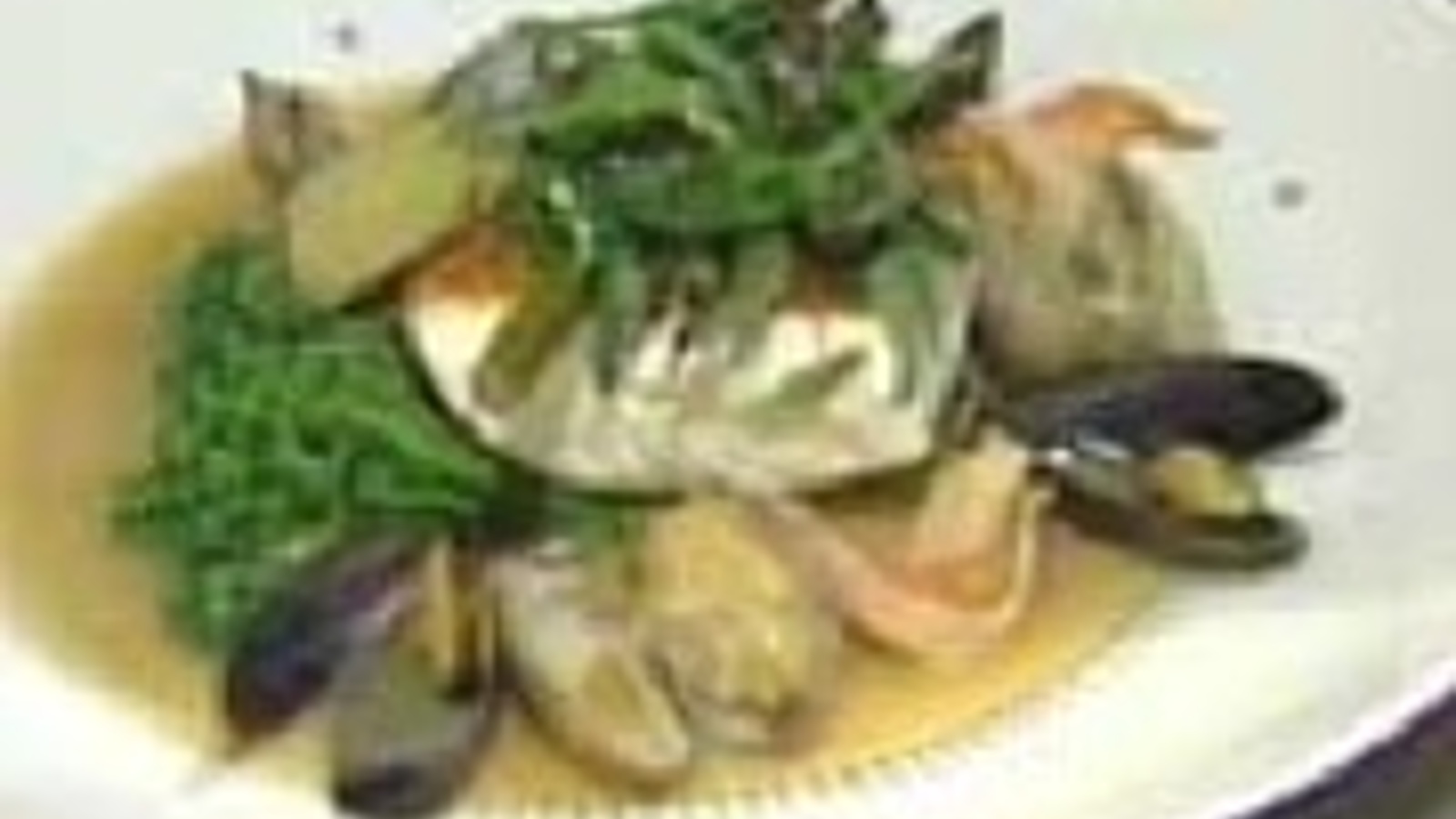 Pan-roasted halibut with cioppino broth, shellfish and seasonal vegetables