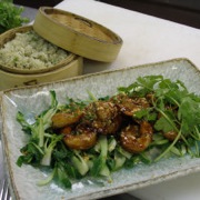 Tamarind glazed prawns with bok choy and lemon grass rice