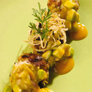 Avocado, crab and corn fritters with avocado-mango sauce