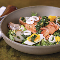 Salmon with asparagus, potato, hard-cooked egg and salsa verde