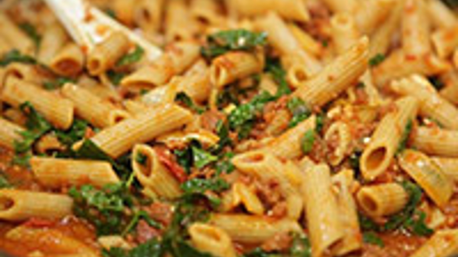 Whole wheat penne with chorizo and fresh kale